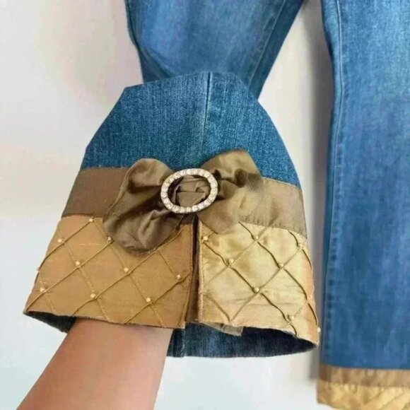 The Denim Tailor Women’s 8 Blue Denim Jeans Embellished Cuffs w/Bows Rhinestones - Picture 13 of 14